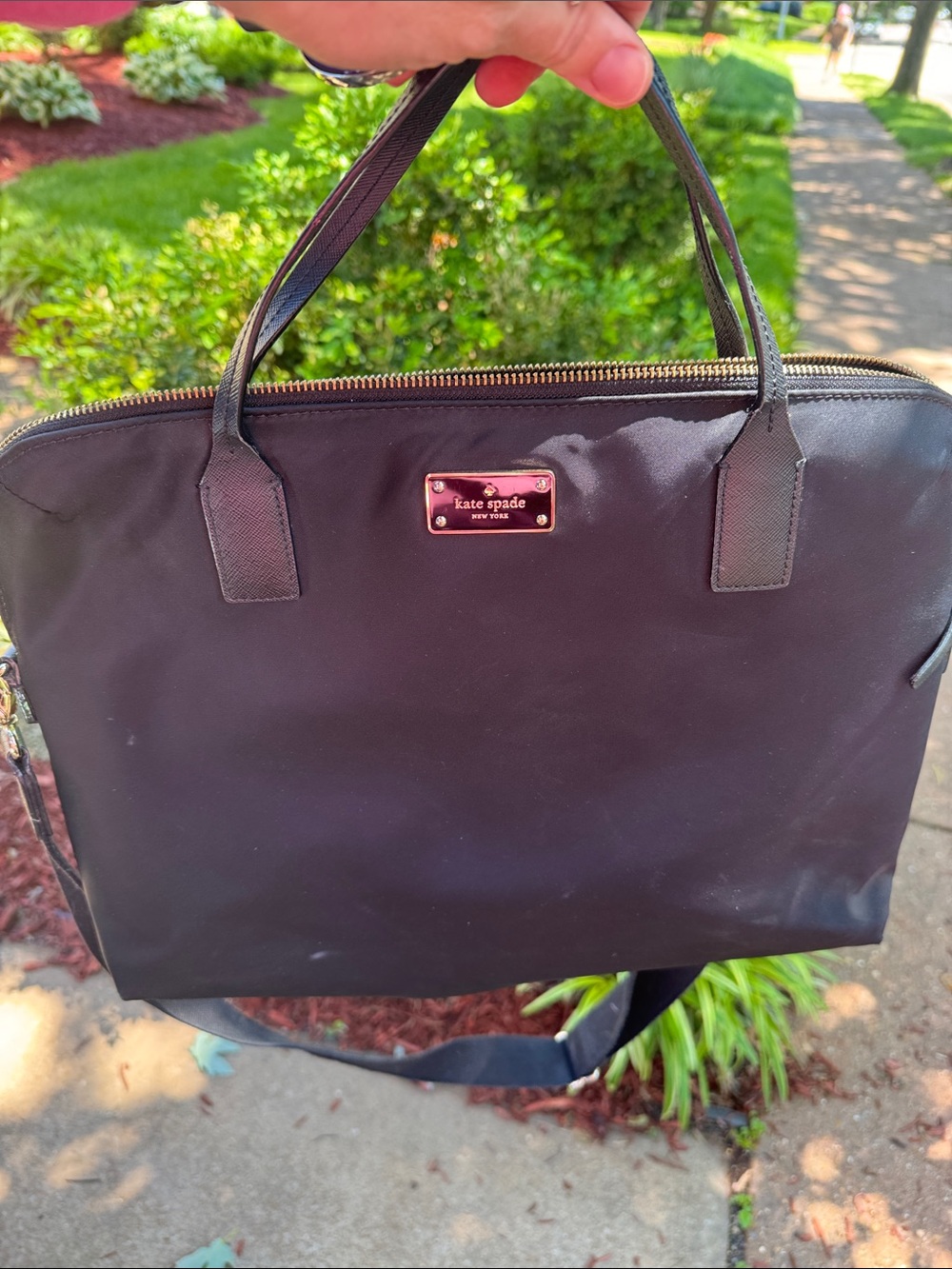 kate spade black nylon laptop tote with gold plaque